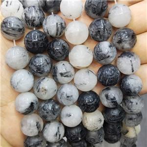 Black Rutilated Quartz Beads Round Carved, approx 15mm dia