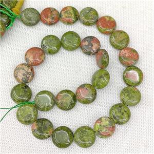 Natural Green Unakite Beads Coin, approx 15mm