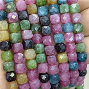 Natural Jade Beads Mixed Color Dye Faceted Cube, approx 7-8mm