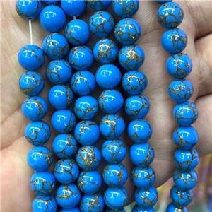 Synthetic Blue Turuqoise Beads With Golden Line Smooth Round, approx 8mm dia