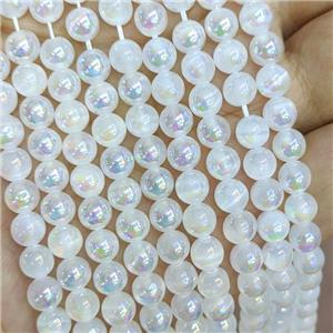 Natural White Selenite Beads Smooth Round AB-Color Electroplated, approx 6mm dia