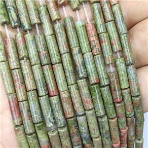 Natural Unakite Tube Beads Green, approx 4x13mm