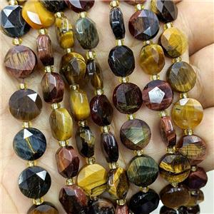 Tiger Eye Stone Beads Multicolor Faceted Coin, approx 10mm