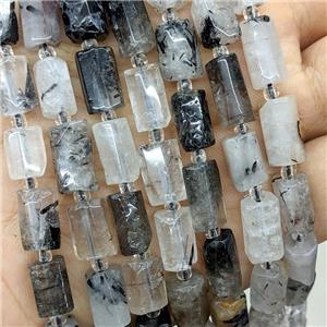 Natural Black Rutilated Quartz Tube Beads, approx 7-14mm