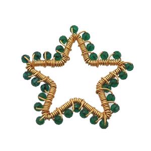 copper star pendant with green crystal glass, wire wrapped, gold plated, approx 40mm