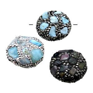 Clay coin Beads paved rhinestone with Larimar, mixed, approx 25-28mm dia