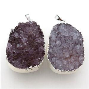 Amethyst Druzy pendant, freeform, silver plated, approx 25-45mm