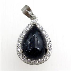 blue sandstone pendant paved rhinestone, teardrop, platinum plated, approx 13-18mm, 18-25mm