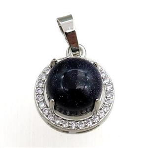 black onyx agate pendant paved rhinestone, circle, platinum plated, approx 11mm, 16mm dia