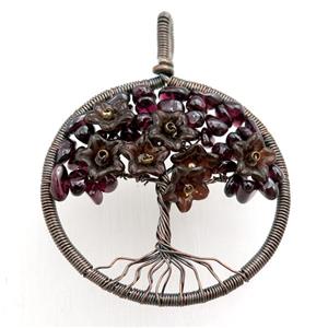 garnet pendant, tree of life, wire wrapped, approx 45mm