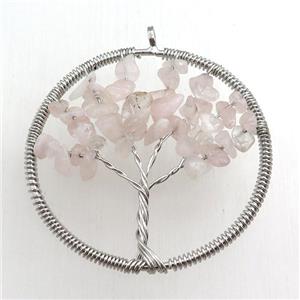 rose quartz pendant, tree of life, wire wrapped, approx 45mm