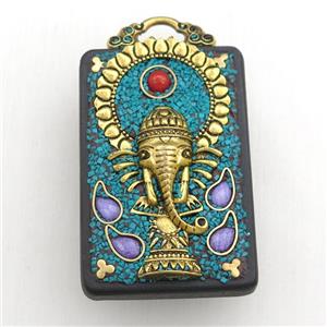 tibetan style ebony narra pendant, brass elephant, rectangle, approx 32-50mm