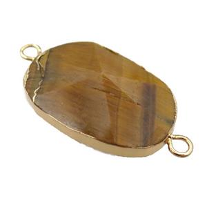 Tiger eye stone oval connector, point, gold plated, approx 20-35mm