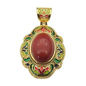 copper Oval pendant with red jasper, enamel, gold plated, approx 13-18mm, 26-33mm, 6mm hole