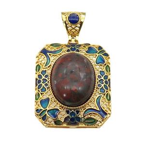 copper Rectangle pendant with red jasper, enamel, gold plated, approx 13-18mm, 27-32mm, 5mm hole