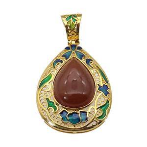 copper Teardrop pendant with carnelian, enamel, gold plated, approx 15-20mm, 27-35mm, 6mm hole