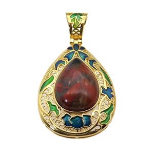 copper Teardrop pendant with red jasper, enamel, gold plated, approx 15-20mm, 27-35mm, 6mm hole