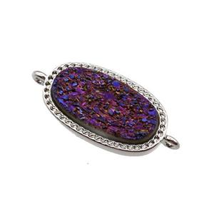 purple druzy quartz oval connector, platinum plated, approx 10-16.5mm