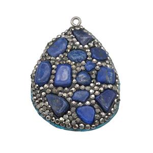 Lapis teardrop pendant paved rhinestone, approx 30-40mm