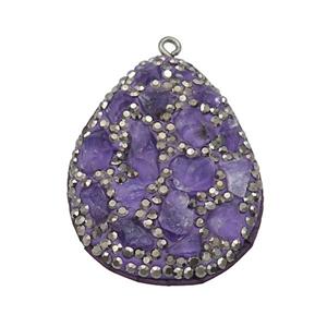 purple Amethyst teardrop pendant pave rhinestone, approx 30-40mm