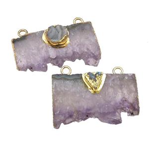 Amethyst Druzy Slice pendant with 2loops, gold plated, approx 20-35mm