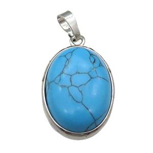 Blue Synthetic Turquoise Oval Pendant Platinum Plated, approx 18x25mm