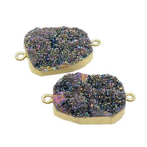 Quartz Druzy Connector Rainbow Freeform Gold Plated, approx 18-25mm