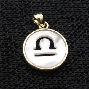 White MOP Shell Circle Pendant Zodiac Libra Gold Plated, approx 14mm dia