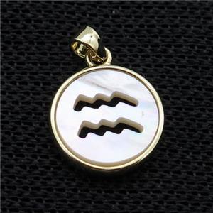 White MOP Shell Circle Pendant Zodiac Aquarius Gold Plated, approx 14mm dia