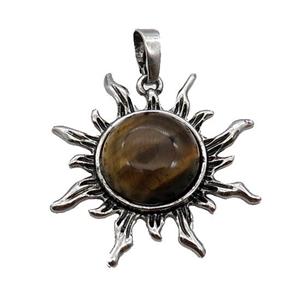 Tiger Eye Stone Sun Alloy Pendant Antique Silver, approx 33mm