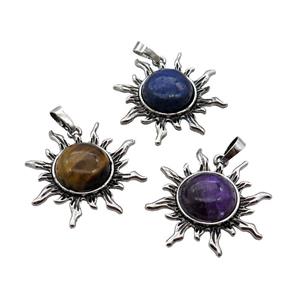 Mix Gemstone Sun Alloy Pendant Antique Silver, approx 33mm