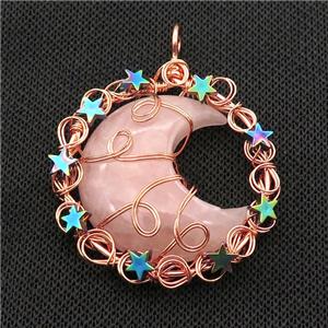 Pink Rose Quartz Moon Pendant Wire Wrapped, approx 46mm