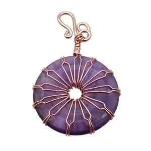 Purple Amethyst Donut Pendant Wire Wrapped Rose Gold, approx 30mm