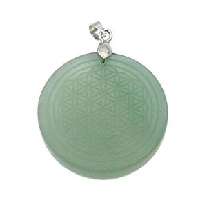 Green Aventurine Circle Pendant Flower Of Life Craved, approx 30mm