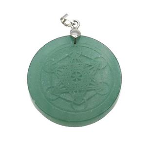 Green Aventurine Circle Pendant Metatrons Cube Craved, approx 30mm