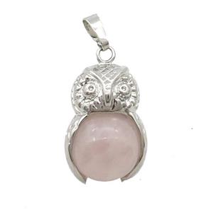 Rose Quartz Owl Alloy Pendant, approx 16mm, 20-25mm