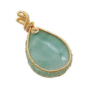 Green Aventurine Teardrop Pendant Wire Wrapped, approx 30-40mm