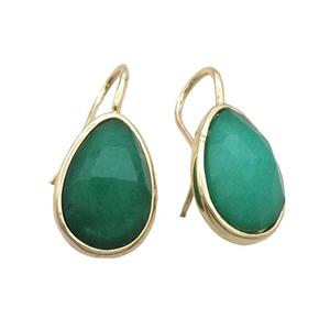 Copper Hook Earring Green Jade Teardrop Dye Gold Plated, approx 12-17mm