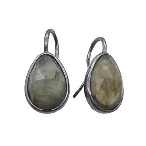 Labradorite Hook Earring Copper Teardrop Black Plated, approx 12-17mm