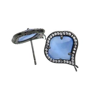 Blue Cat Eye Glass Stud Earring Copper Pave Zircon With Loop Black Plated, approx 18mm