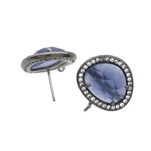 Blue Jade Stud Earring Copper Pave Zircon With Loop Black Plated, approx 15-18mm