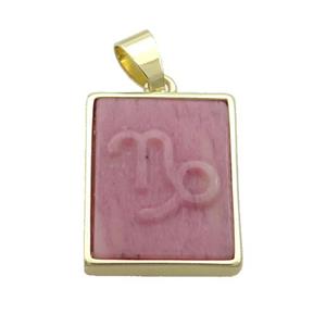 Natural Pink Wood Lace Jasper Pendant Zodiac Capricorn Rectangle Gold Plated, approx 16-20mm