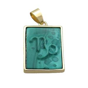 Natural Malachite Pendant Zodiac Capricorn Green Rectangle Gold Plated, approx 16-20mm