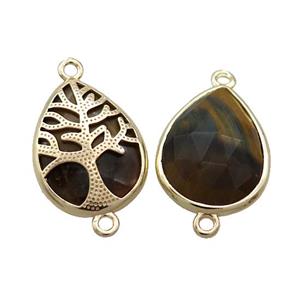 Natural Tiger Eye Stone Teardrop Connector Tree Of Life Gold Plated, approx 15-20mm