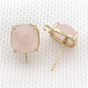 Copper Stud Earring Pave Rose Quartz Pink Square Gold Plated, approx 11mm