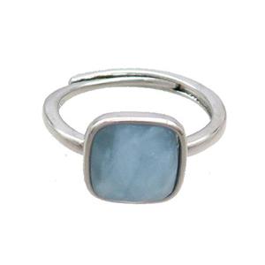 Copper Ring Pave Blue Aquamarine Square Adjustable Platinum Plated, approx 10mm, 18mm dia