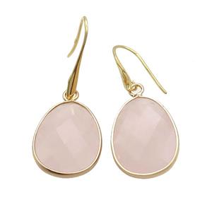 Pink Rose Quartz Copper Hook Earrings Teardrop Gold Plated, approx 17-23mm