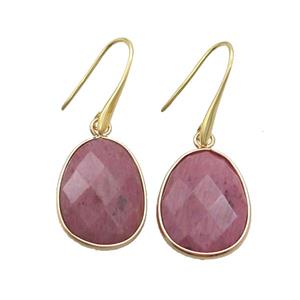 Pink Wood Lace Jasper Copper Hook Earrings Teardrop Gold Plated, approx 17-23mm