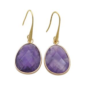 Purple Amethyst Copper Hook Earrings Teardrop Gold Plated, approx 17-23mm