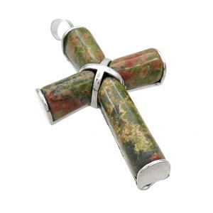 Natural Unakite Cross Pendant Green Platinum Plated, approx 30-45mm